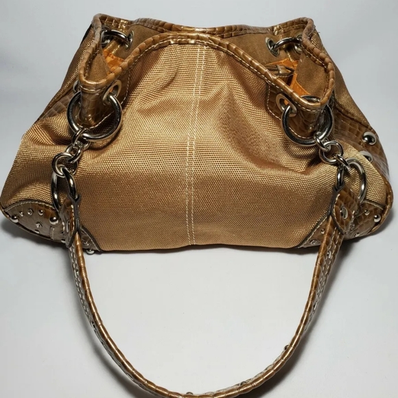 🐰☮VINTAGE☮ KATHY VAN ZEELAND Gold Fabric/Croc Leather Hobo - Picture 13 of 13